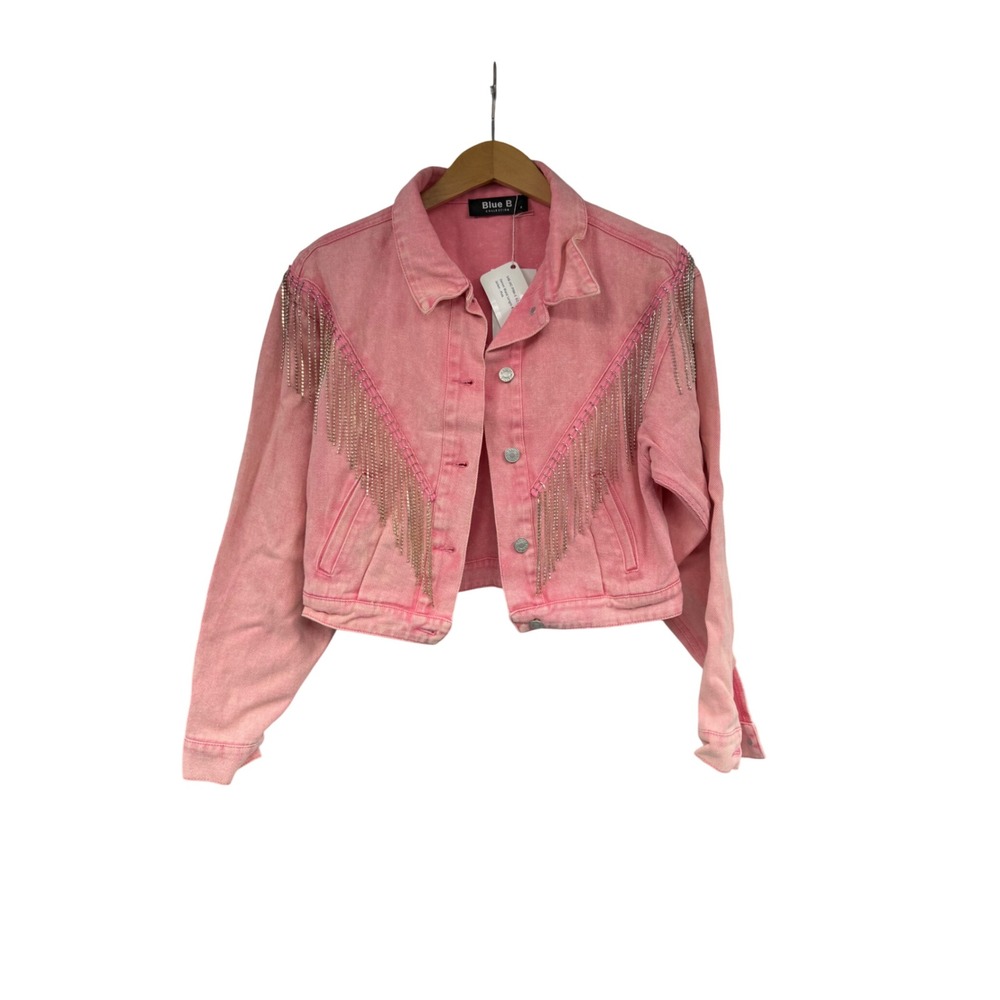 Blue B Collection Pink Rhinestone Fringe Denim Jacket Western Festival Small